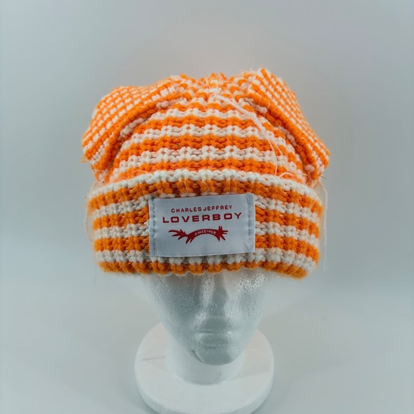 Charles Jeffrey Loverboy Orange White Striped Cat Ear Chunky Knit Beanie Hat